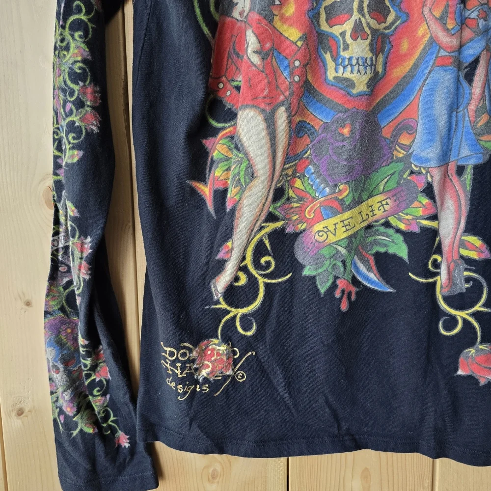 Christian Audigier Ed Hardy Long Sleeve Black Skull Floral Print Shirt Mens S - Picture 11 of 15